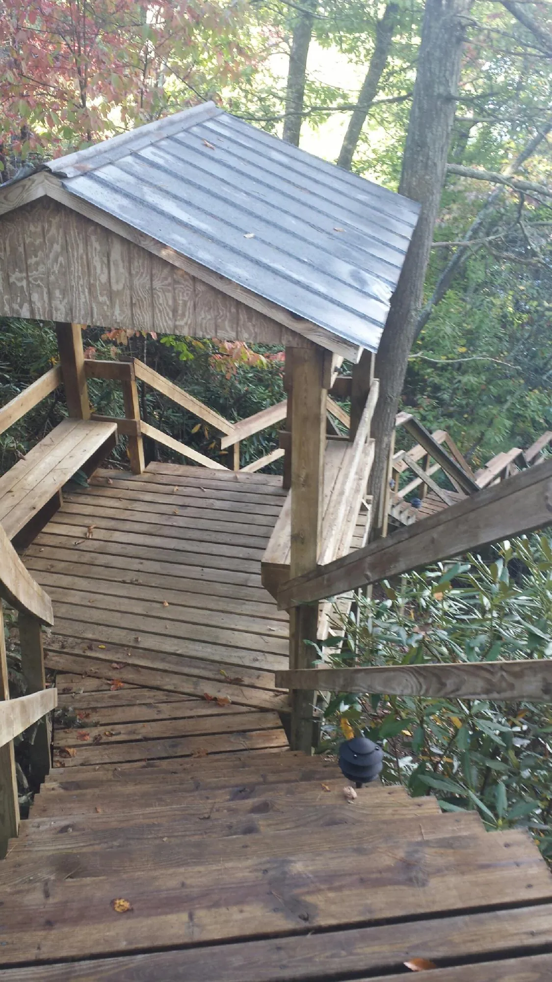 Metal roofed shelter over wooden steps on a wooded walkway — Skylight Repair & Installation work by our crew in Normangee